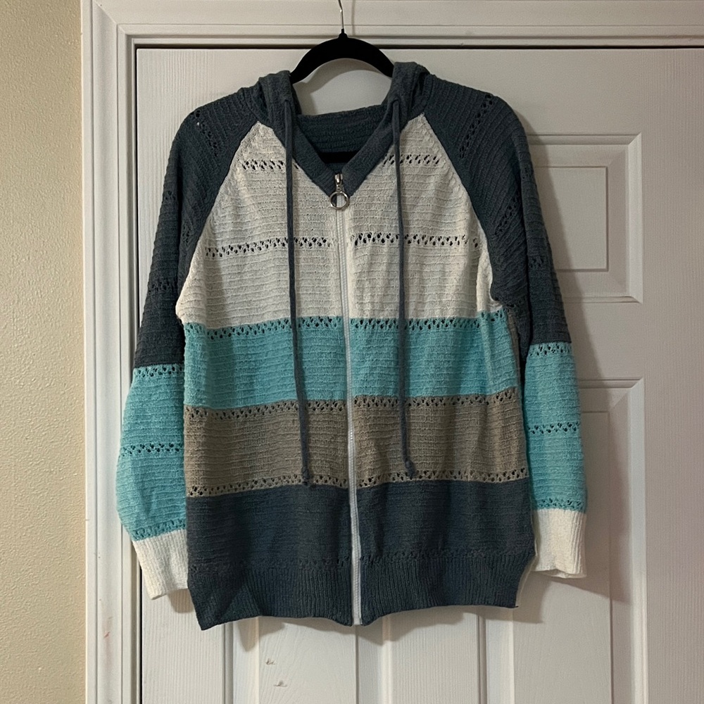 Women's Striped Zip-Up Cardigan - Blue, Gray, Cream